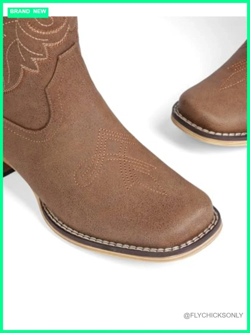 Faux Leather Square Toe Mid Calf Cowgirl Boots with Embroidery, Low Chunky Heel